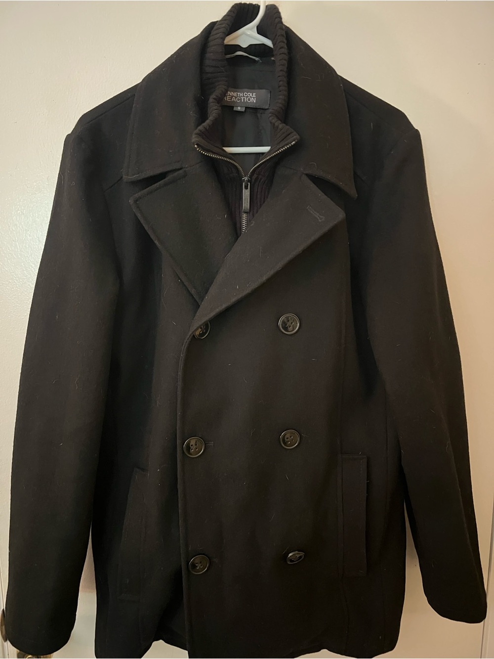 Kenneth Cole Reaction Men’s Black Double-Breasted Peacoat with Zip-Insert Collar